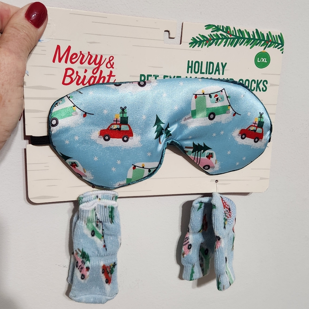 Merry and Bright Holiday Pet Eye Mask and Socks Pet Dog Cat Camper L/XL